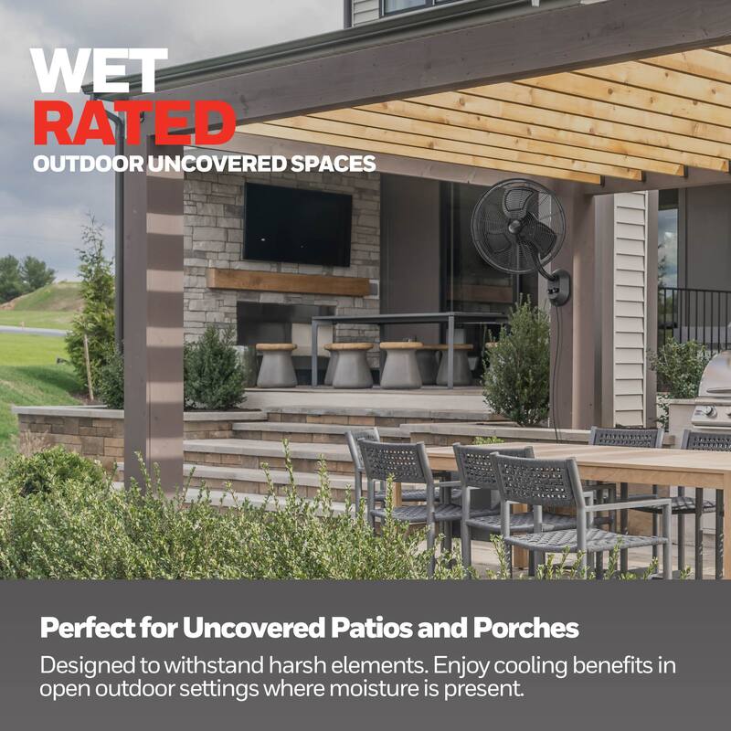 18" Honeywell Matte Black Outdoor Oscillating Wall Fan, Wet Rated, 3-Speed AC Motor