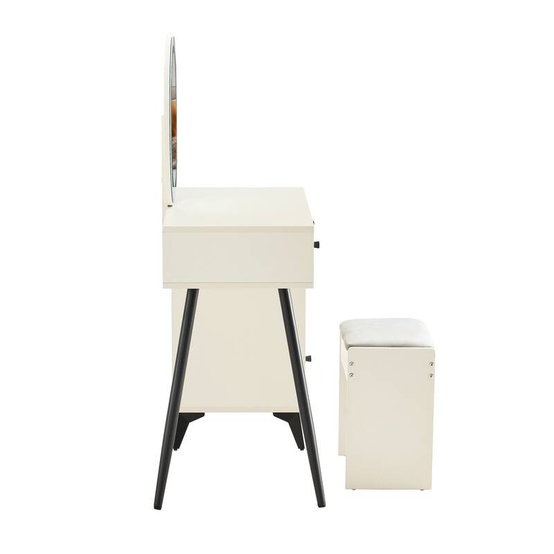 Fluted Makeup Vanity Desk with Round LED Mirror and Lights
