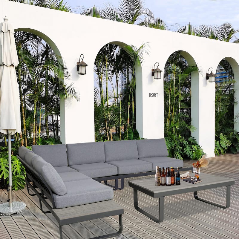 6 Person Outdoor L-Shape Metal Sectional Sofa Set with Cusions and Coffee Table