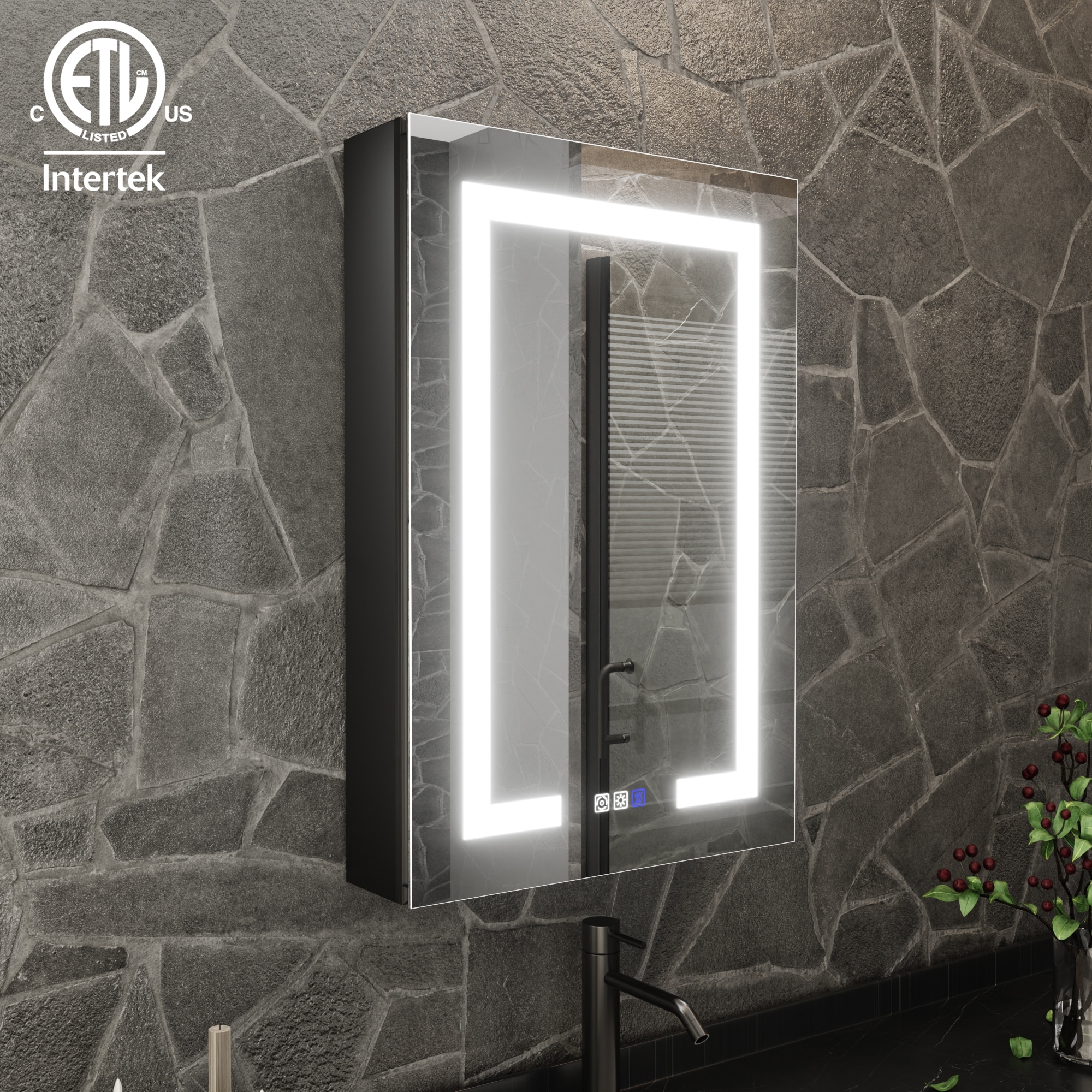 EcoBrite 20 in. W x 30 in. H Rectangular Black Aluminum LED Left Medicine Cabinet with Mirror - 20 in.W*32 in.H