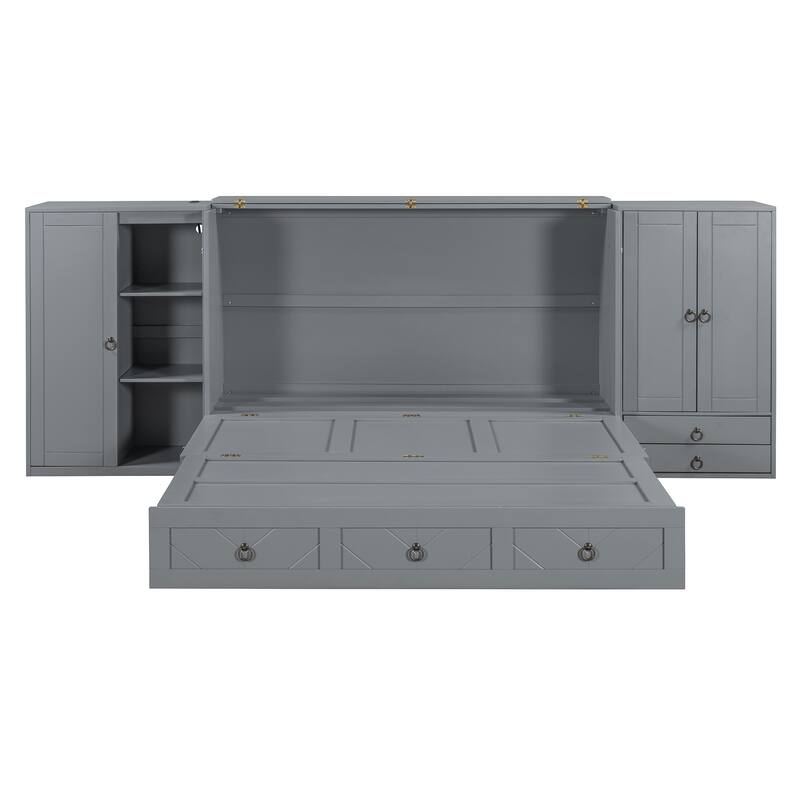 Queen Size Solid Wood Murphy Bed with Charging Station, Built-In Wardrobes, Drawers, and Foldable Cabinet Design