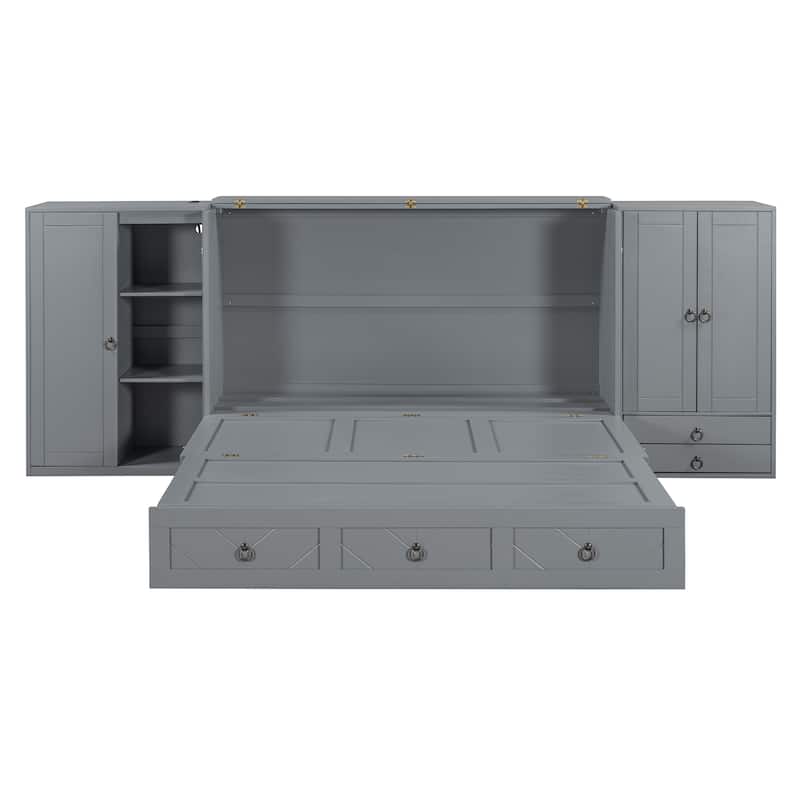 Queen Size Wood Hidden Murphy Bed with Storage Wardrobes and Drawer, Foldable Wall Bed with USB Charging Station & Dual Cabinet聽