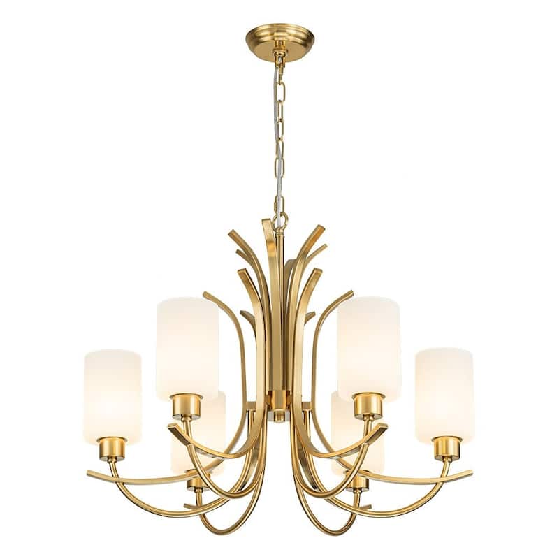 6-Light White Glass Cylindrical Shade Round Chandelier - 26in
