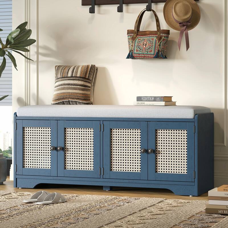 Rustic Storage Bench with Removable Cushion, Woven Rattan Doors & Adjustable Shelves