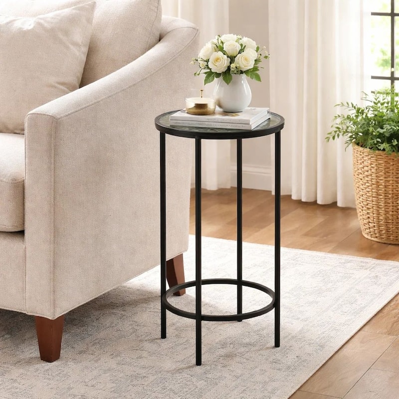 Hex Accent Table, 12 Inch Round Recycled Glass Top, Black Iron Frame