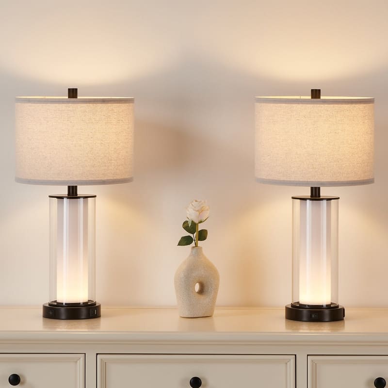 KAWOTI 23 inch Modern Glass Table Lamp Set with Night Light (set of 2) - Bronze