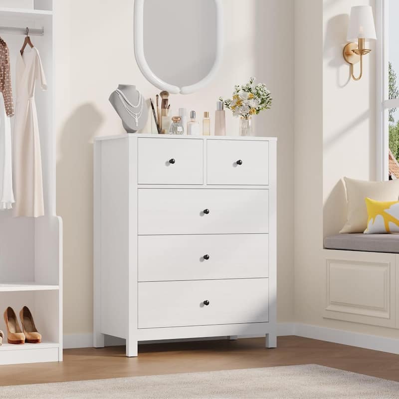 Modern 5 Drawer Dresser for Bedroom, Entryway, Hallway - White