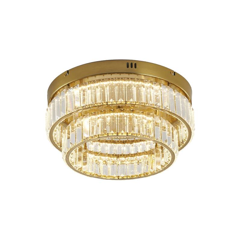 2-Light Brass Dimmable LED Flush Mount With Clear Crystals