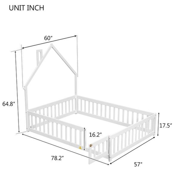 Full Size House-Shaped Headboard Floor Bed with Fence Guardrails and Door, Features Pine Wood Construction