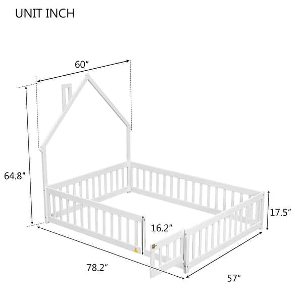 dimension image slide 5 of 6, Pine Wood House-Shaped Headboard Floor Bed with Fence for Kids, Boys and Girls