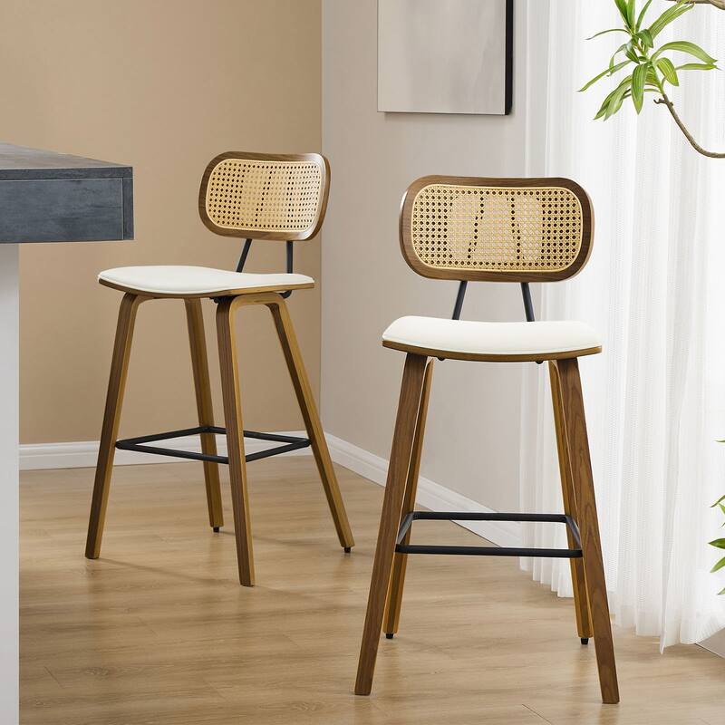 Upholstered Counter Stool/ Barstool with Rattan Back and Wood Legs