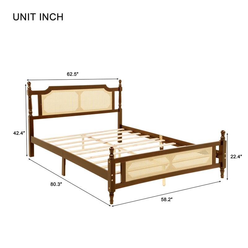 Solid Pinewood Storage Bed Frame, Queen/King Size Platform Bed with Rattan Headboard and Footboard, Spherical Head Bedposts