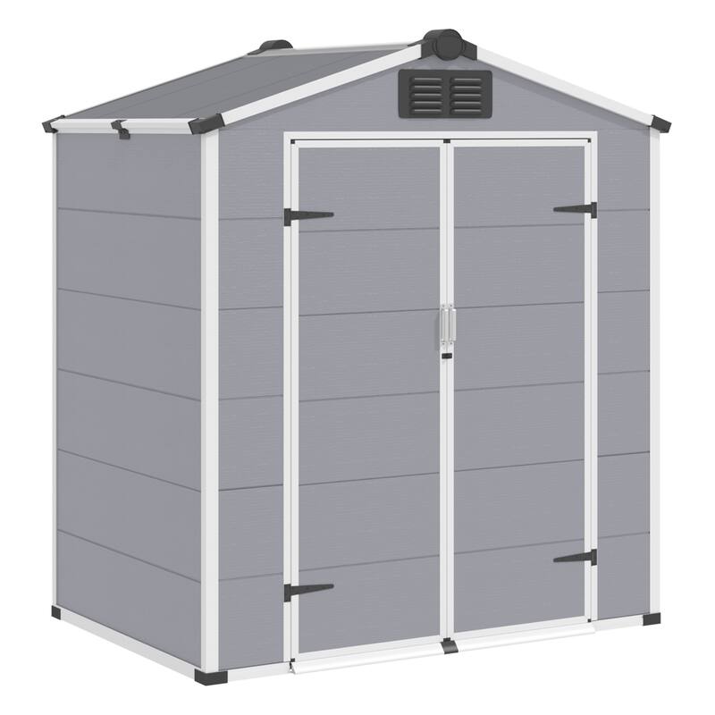 EROMMY Outdoor Storage Shed with Built-In Floor, Lockable Double Doors & Sloped Roof, Gray/Black