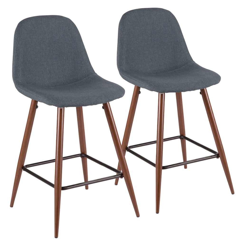 2 Pebble Walnut Metal Blue Fabric Mid-Century Modern Stools 34.75"