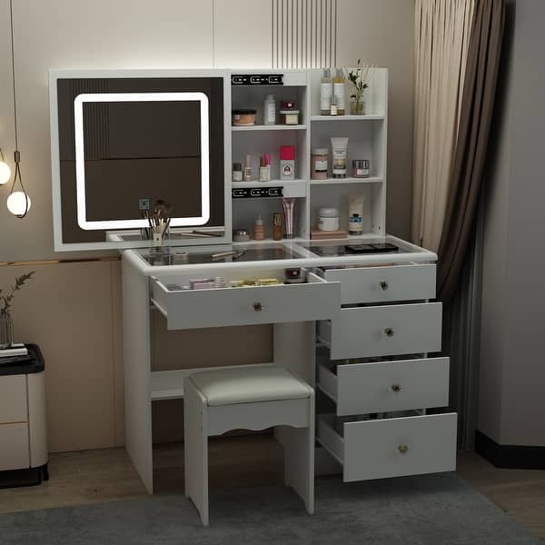 Smart Vanity Design,Sliding Mirror,and Noise-Free Drawer Dresser Table -  39.4"W - On Sale - Bed Bath & Beyond - 38952158