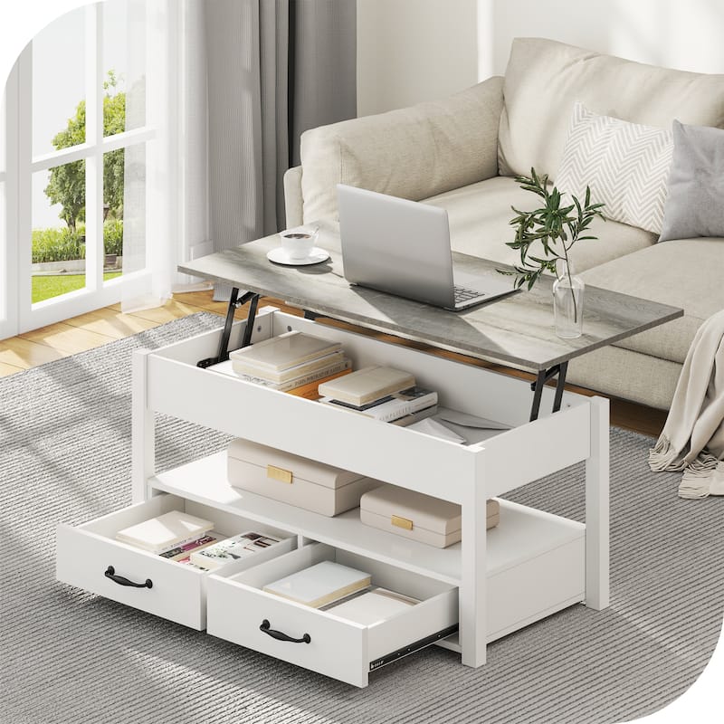 Wood Lift Top Coffee Table with Storage Shelf and Drawers