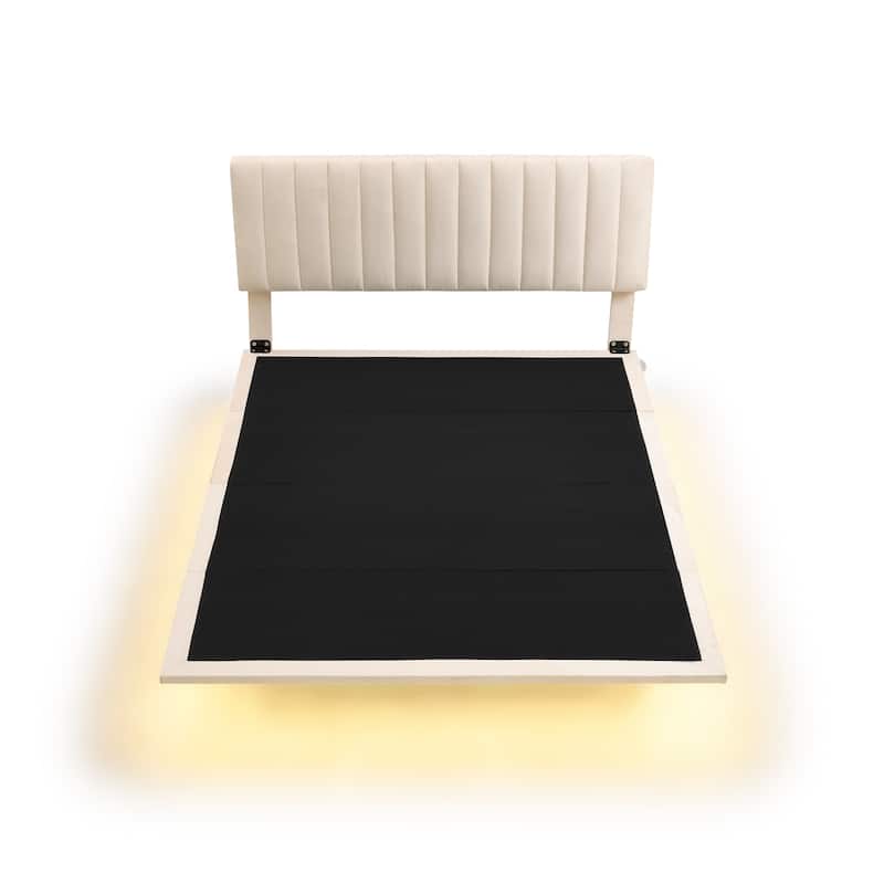 Velvet Upholstered Floating Platform Bed with Light Sensor