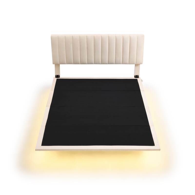 Queen Upholstered Velvet Bed with Sensor Light and Floating Frame - Modern Platform Bed with Headboard, No Box Spring Required
