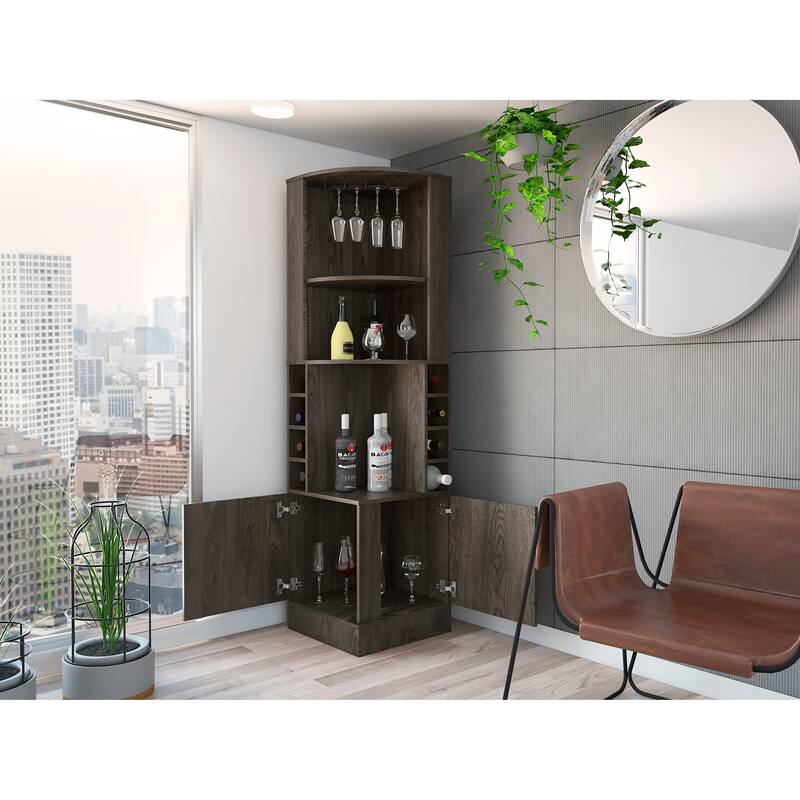 FM Furniture The Seattle Corner Bar Cabinet with 3 Open Shelves, Glass Rack, 8 Bottle Cubbies, and Double Doors