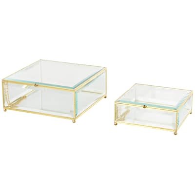 Glass Beveled Decorative Jewelry Box with Gold Metal Frame and Chain Accent - Set of 2 Clear - Roche River Decor