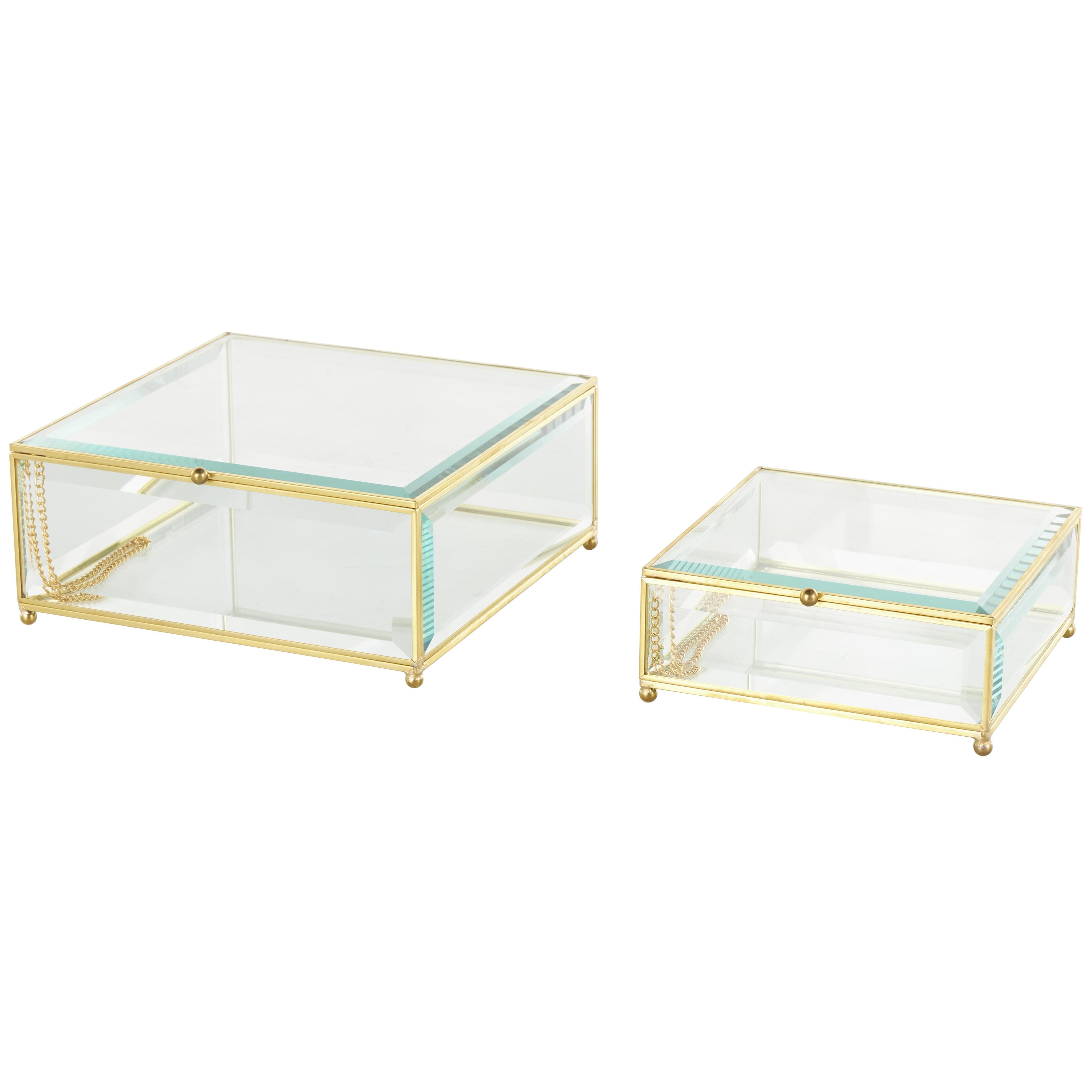 Glass Beveled Decorative Jewelry Box with Gold Metal Frame and Chain Accent - Set of 2 Clear - Roche River Decor