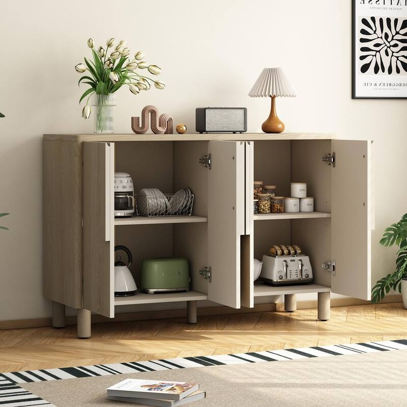 4 Doors Buffet Cabinet, Wood Sideboard with Unique Arc Handles and Adjustable Shelves for Stylish Storage