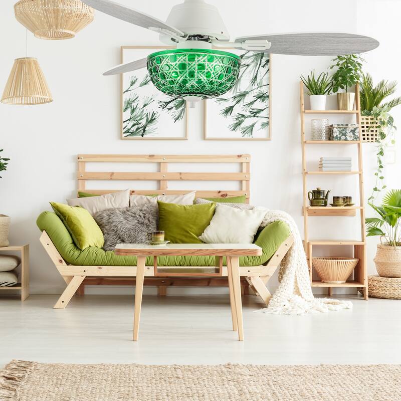 Izzy River of Goods 3-blade 42-inch Modern Indoor Ceiling Fan with Green Hand-Cut Glass Shade and Remote Control