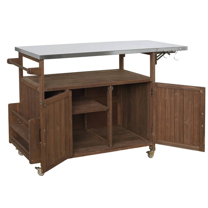 Christopher Knight Home - 54.33" Solid Wood Mobile Outdoor Kitchen Cart with Stainless Steel Top & Spice Rack & Lockable Wheels