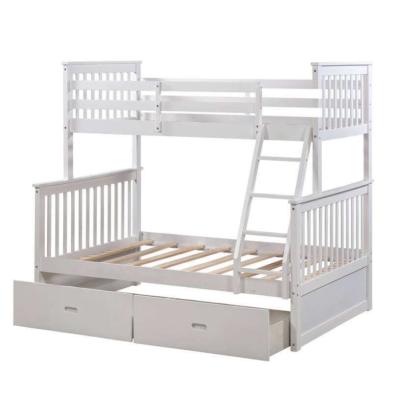 White Twin Over Full Bunk Bed with Storage Drawers, Ladder and Safety Rails