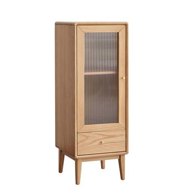 Solid Oak Storage Cabinet, Free-Standing Corner Storage Table with Vintage Glass Door,2 Shelves,1 Drawers & Brass Handle
