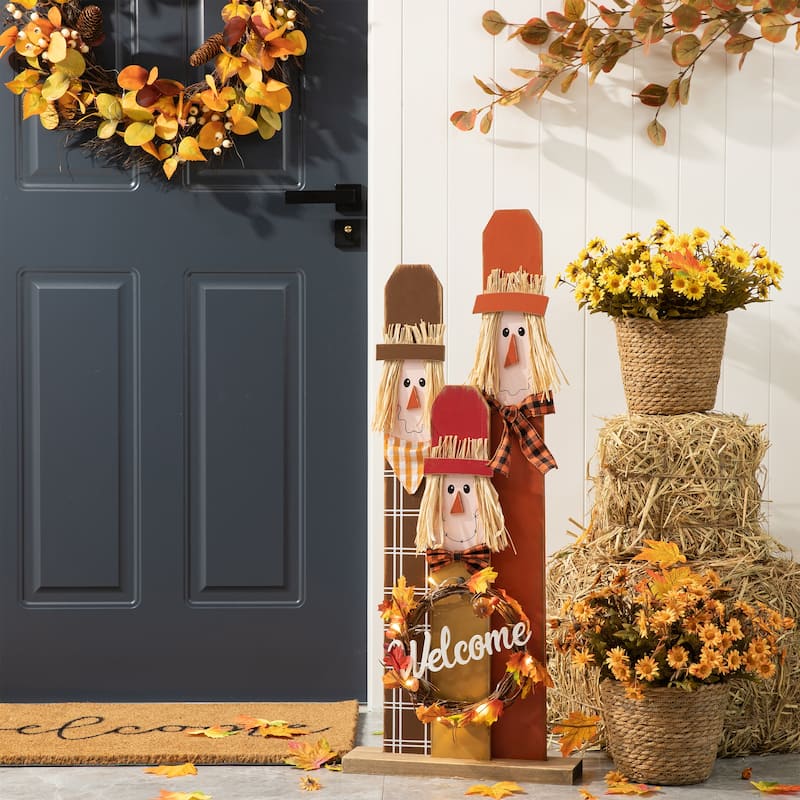 Glitzhome 36.25"H Lighted Wooden Scarecrow Welcome Porch Decor w/Wreath