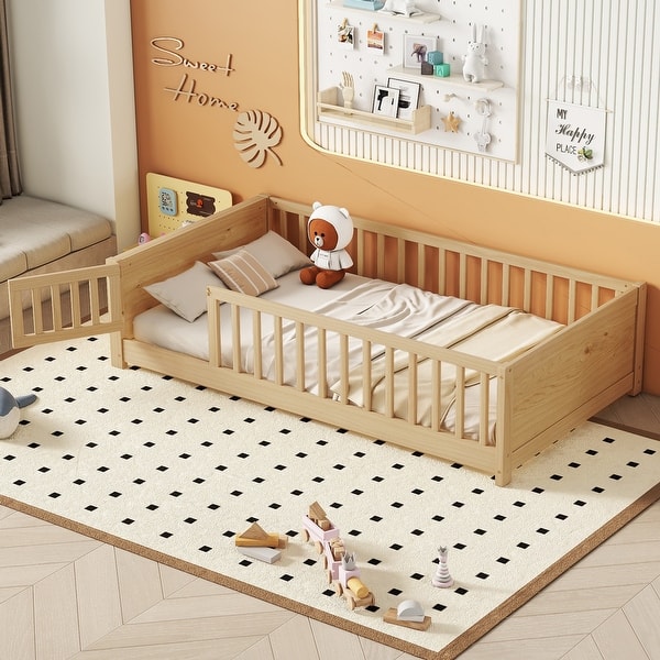 slide 2 of 11, Natural Twin Size Pine Wood Floor Bed with Built-in Book Rack Natural