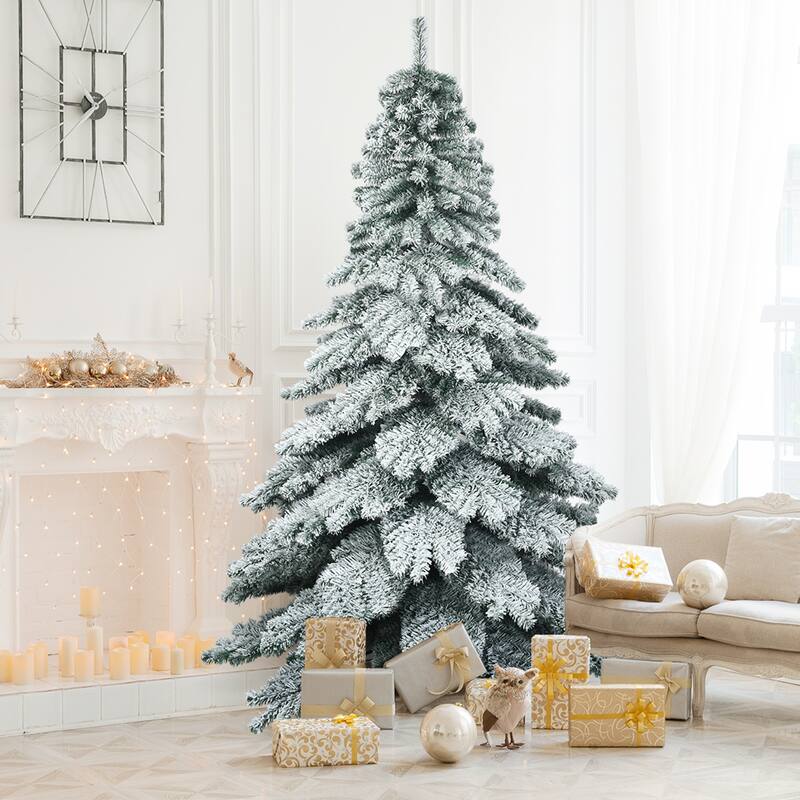 Gymax 7.5ft Artificial Christmas Tree Snow Flocked Hinged Pine Tree w/ - See Details - Green - 7.5 Foot