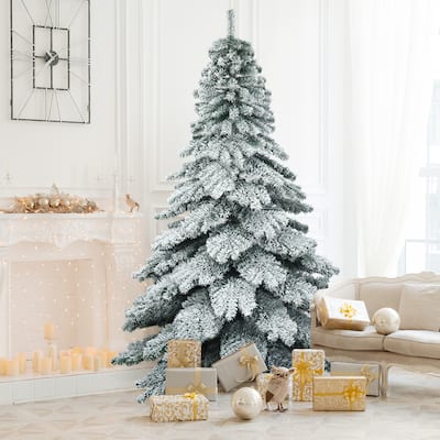 Gymax 7.5ft Artificial Christmas Tree Snow Flocked Hinged Pine Tree w/ - See Details