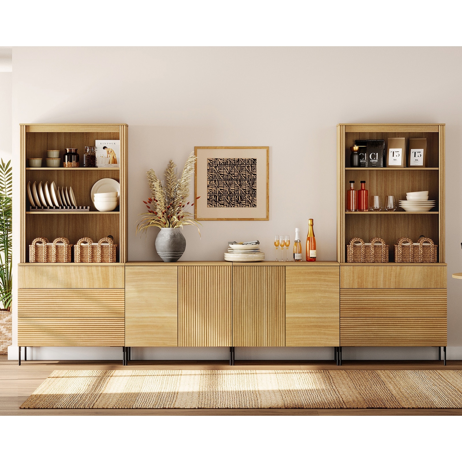 71"H X 126"W Tall Fluted Bookshelf with 6 Drawers and 4 Doors, Modern 10-Tier Bookcase with Open Storage