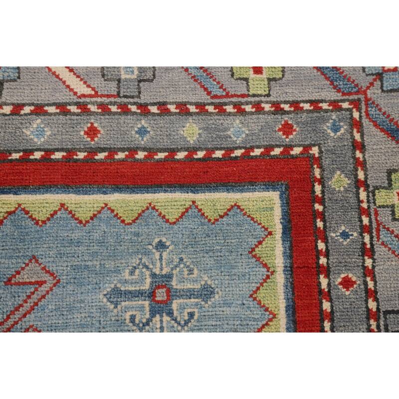 Light Blue Geometric Kazak Foyer Rug Hand-Knotted Wool Carpet - 3'6" x 5'3"
