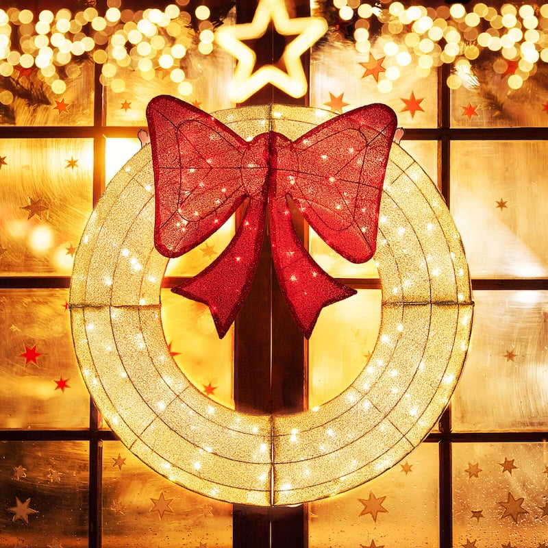 Costway 48 Inch Pre-Lit Christmas Wreath with 200 LED Lights Red Bow - See Details - Warm White + Red