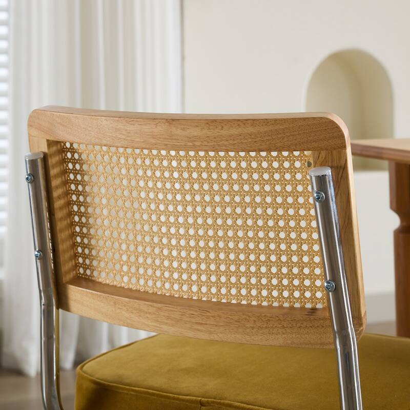 Velvet Dining Chair Set of 2 Gold Accent Chair with Natural Cane Back