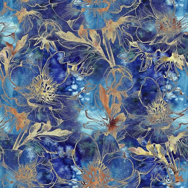 Dark Blue and Gold Floral Wallpaper - On Sale - Bed Bath & Beyond ...