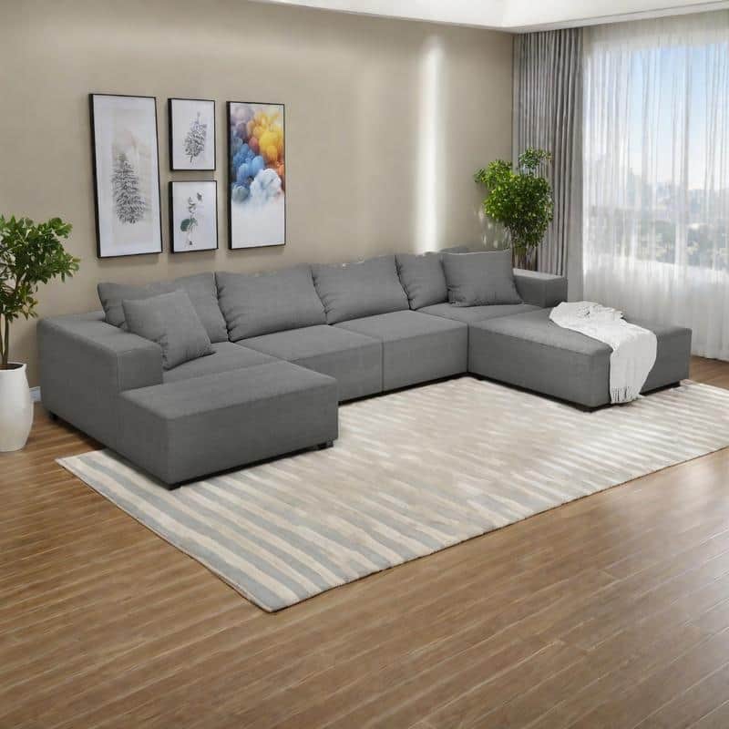 132" Chenille Modular L-Shaped Sectional Sofa with 6 Pillows, Free Combination & No-Assembly Design