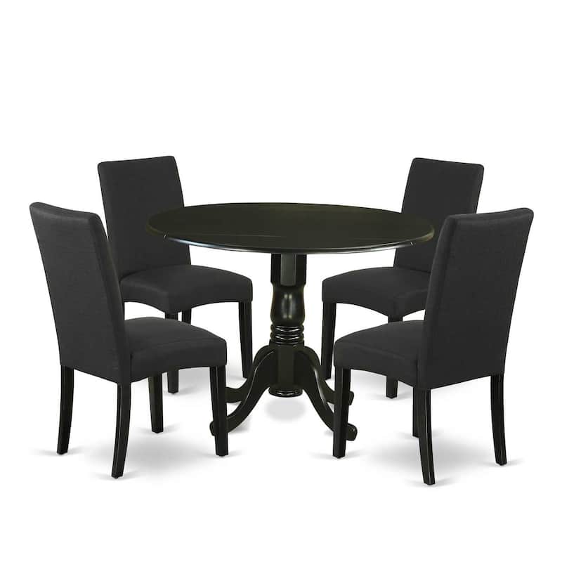 Round Kitchen Table Set 5pc 42" Table w/ Drop Leaves & 4 Parsons Chairs - Black Finish