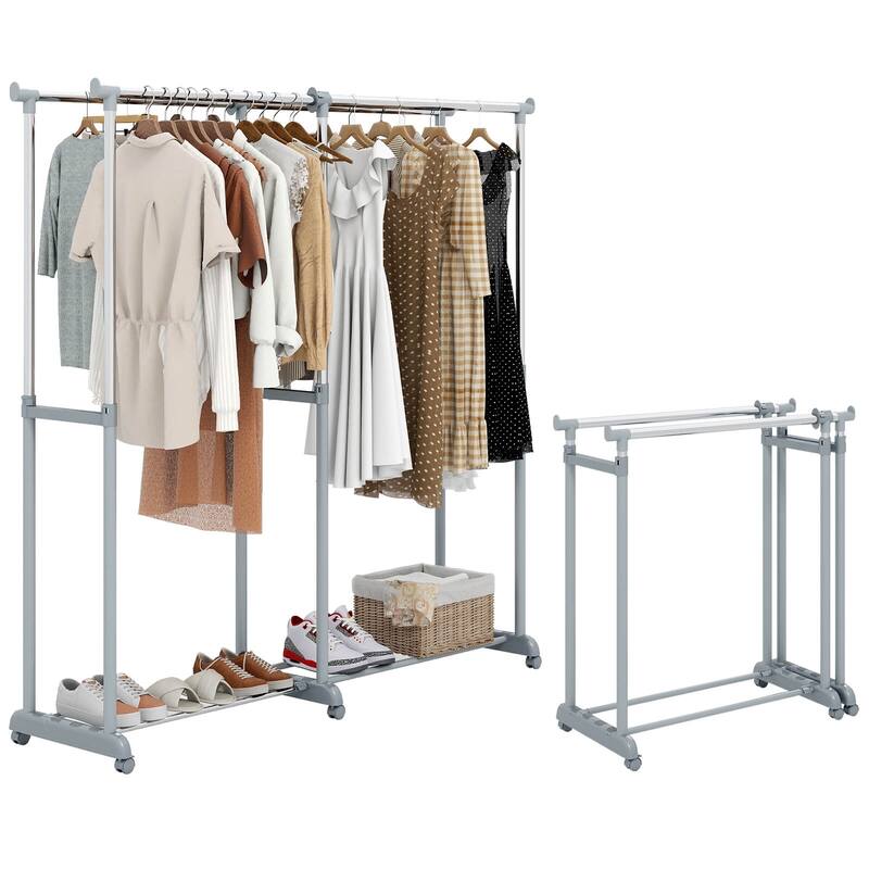 Costway Double Rod Clothes Rack with Extendable Height & Width for - Silver - See Details