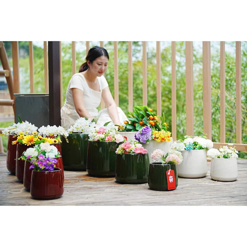 Antique Green Ceramic Flowerpot 13.8in Planter with Drainage Frost Resistant Indoor Outdoor Customizable, 4pc