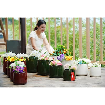 Antique Green Ceramic Planter Set of 4 - 13.8" Square Modern Plant Pots with Drainage & Stripes