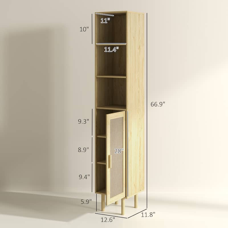 Rattan Bathroom Cabinet with Adjustable Shelf and Open Shelves - 12.6" W x 11.8" D x 66.9" H