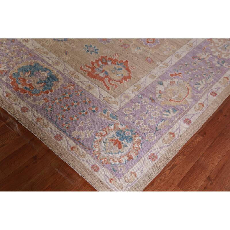 Hand Knotted Oriental 100% Wool Carpet Transitional All-Over Brown Oushak Area Rug - 14' 2'' X 9' 10''