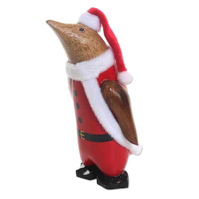 Wood statuette, 'Penguin Santa'