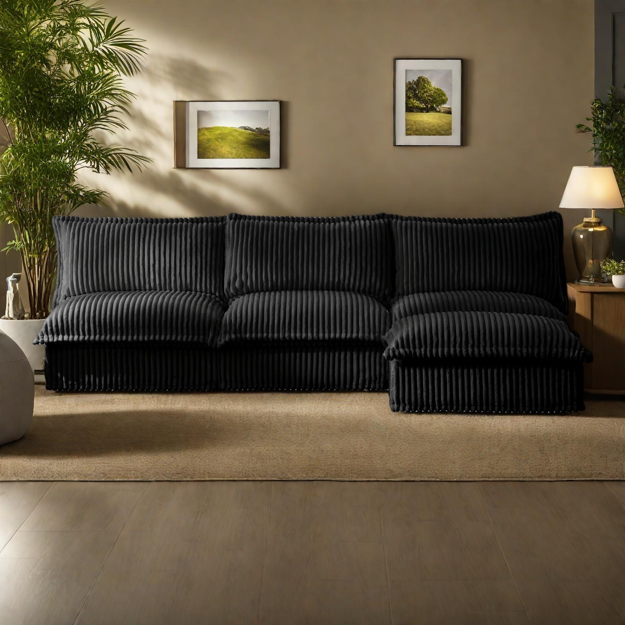 Corduroy Slipcovered 3-Seater Armless Sectional Sofa with Reversible Ottoman, Free Combination Design, and Removable Covers