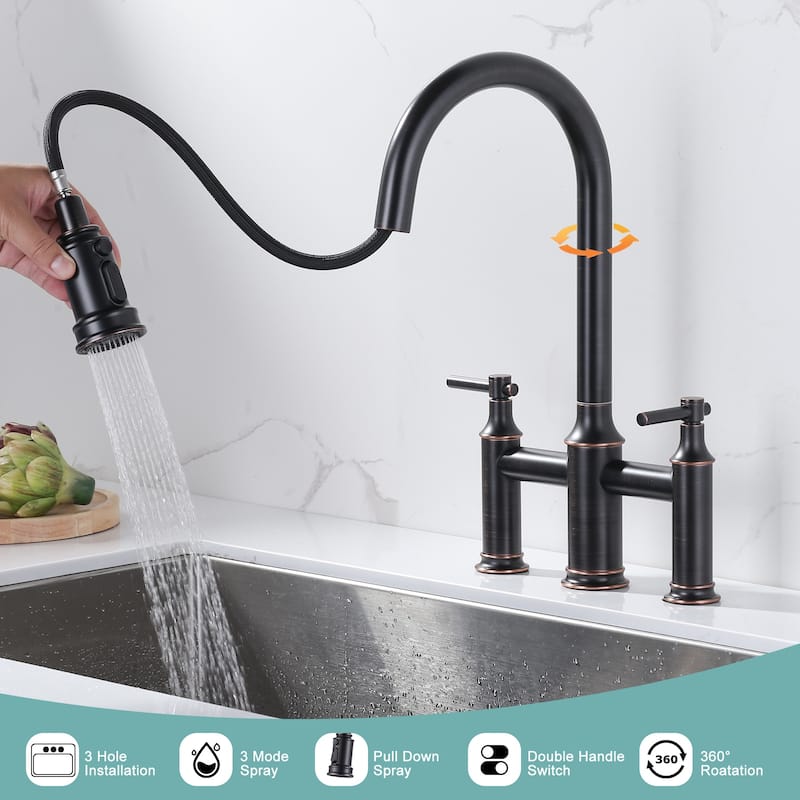 WOWOW Double Handle Pull Down Sprayer Bridge Kitchen Faucet