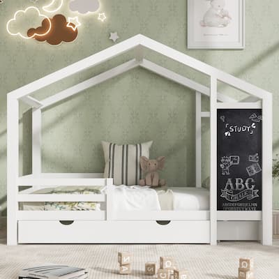 Roomfitters Size House Bed with Blackboard Panels and Storage Drawers, Two Assembly Options, White